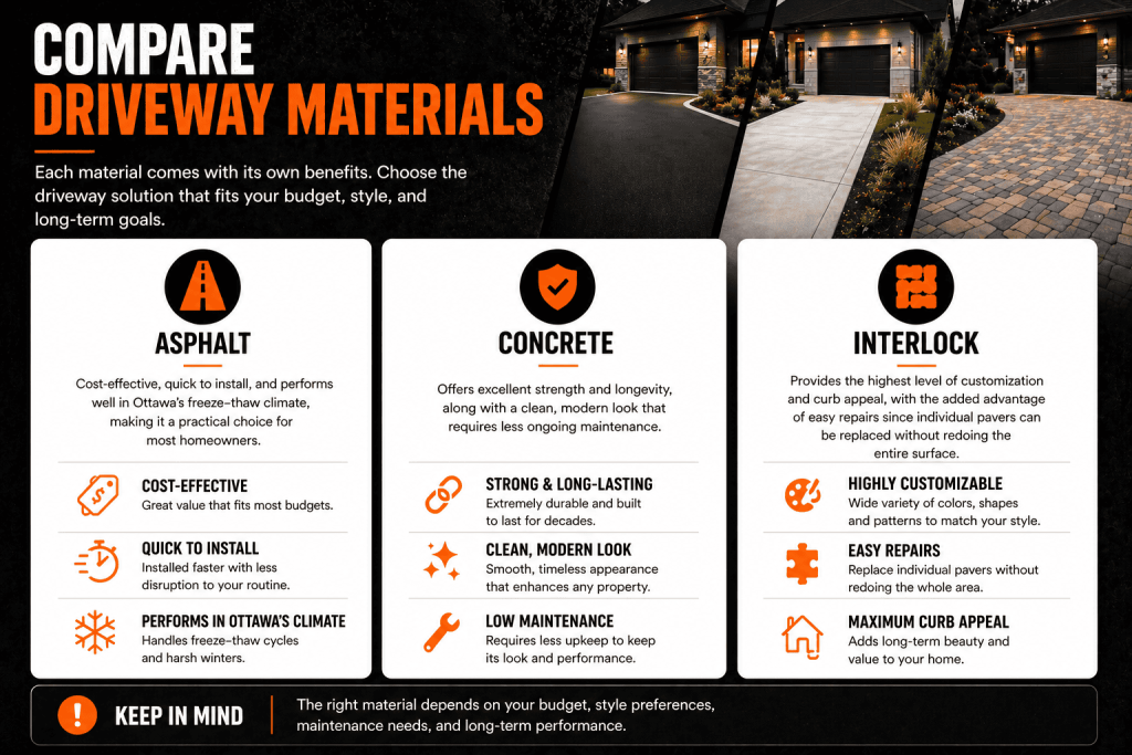 Driveway material comparison showing benefits of asphalt, concrete, and interlock for Ottawa homeowners.