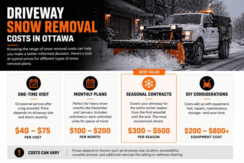 Driveway snow removal cost Ottawa pricing chart (per visit, monthly, seasonal)